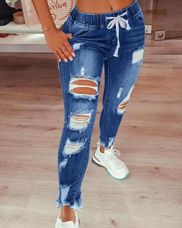 Elastische Jeans voor Vrouw met Gescheurde Knietjes