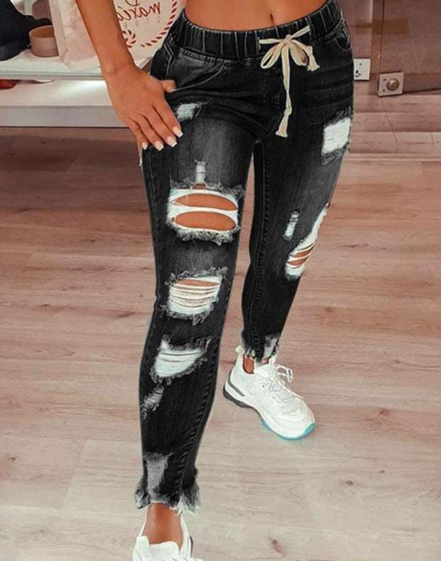 Elastische Jeans voor Vrouw met Gescheurde Knietjes