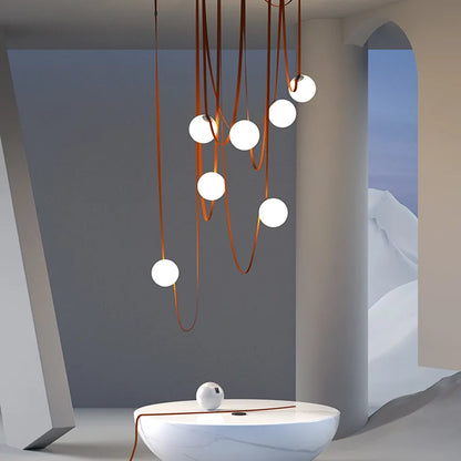 Hanglamp Leren Kabel Glazen Bol E27 Cognac Bruin Woonkamer Eetkamer Hal Postmodern Design 1 3 5 7 Bollen