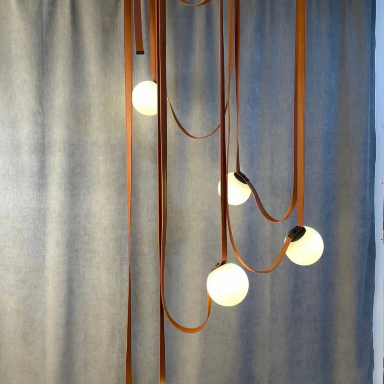 Hanglamp Leren Kabel Glazen Bol E27 Cognac Bruin Woonkamer Eetkamer Hal Postmodern Design 1 3 5 7 Bollen