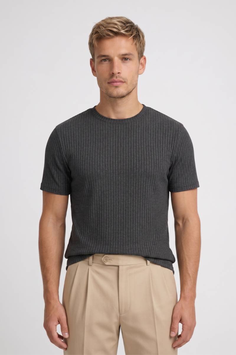 T-Shirt Heren - Geribde Slim Fit | Ronde Hals — Grijs