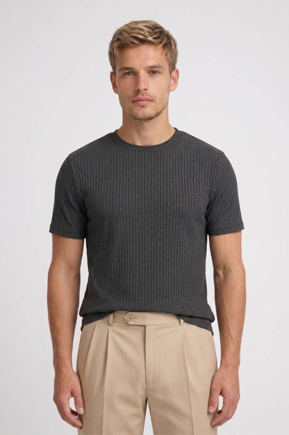 T-Shirt Heren - Geribde Slim Fit | Ronde Hals — Grijs