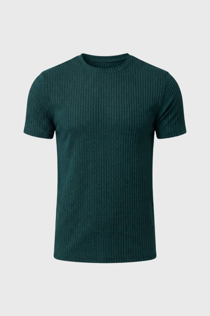 T-Shirt Heren - Geribde Slim Fit | Ronde Hals — Donkergroen