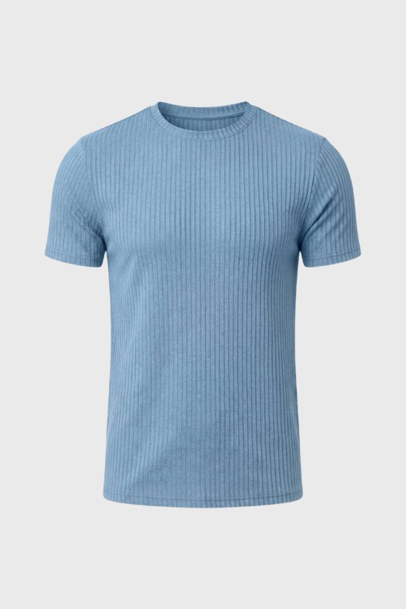 T-Shirt Heren - Geribde Slim Fit | Ronde Hals — Lichtblauw