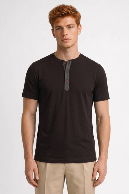 T-Shirt Heren - Henley met Knoopsluiting | Casual Stijl — Donkerbruin