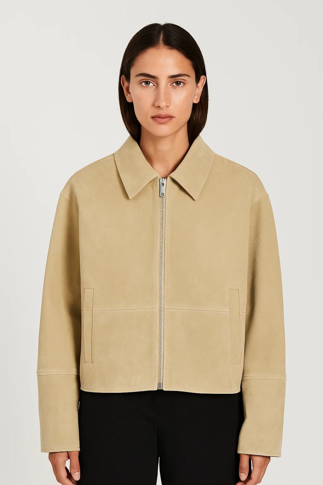 Korte Damesjas Met Rits en Puntkraag Casual Stijl - StudioMarella