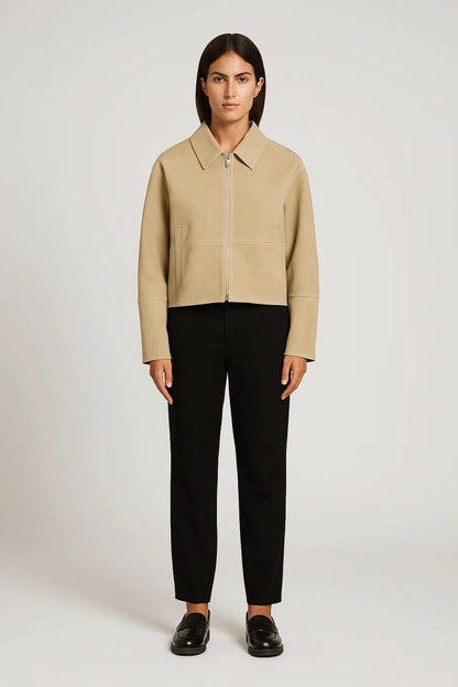 Korte Damesjas Met Rits en Puntkraag Casual Stijl