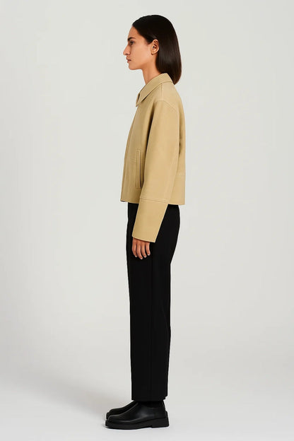 Korte Damesjas Met Rits en Puntkraag Casual Stijl