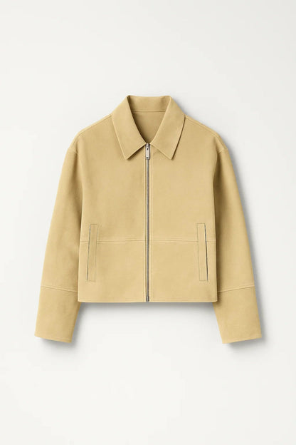 Korte Damesjas Met Rits en Puntkraag Casual Stijl