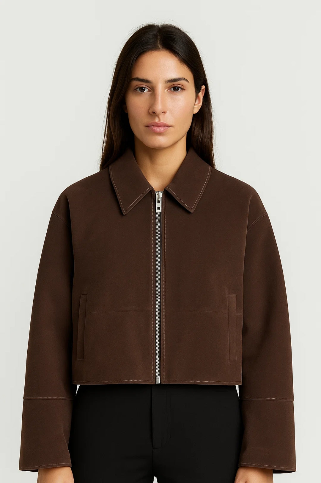Korte Damesjas Met Rits en Puntkraag Casual Stijl