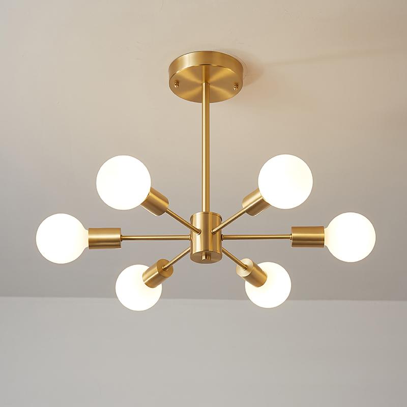 Moderne sputnik kroonluchter met 6 armen in messing – minimalistische design hanglamp zonder glazen kap