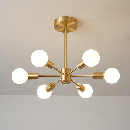 Moderne sputnik kroonluchter met 6 armen in messing – minimalistische design hanglamp zonder glazen kap