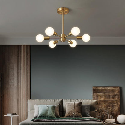 Moderne sputnik kroonluchter met 6 armen in messing – minimalistische design hanglamp zonder glazen kap