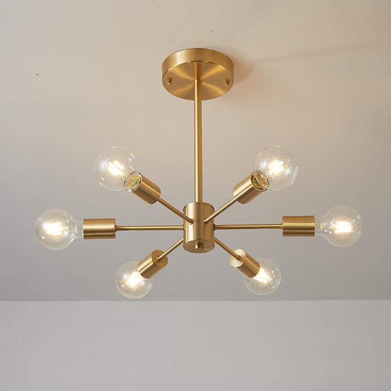 Moderne sputnik kroonluchter met 6 armen in messing – minimalistische design hanglamp zonder glazen kap