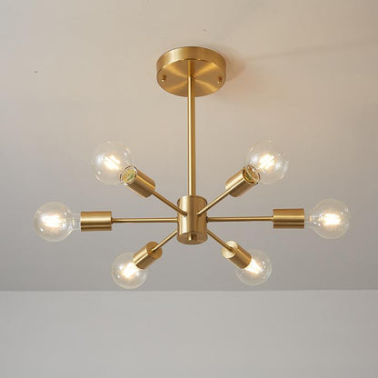 Moderne sputnik kroonluchter met 6 armen in messing – minimalistische design hanglamp zonder glazen kap