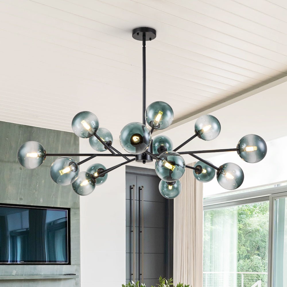 Kroonluchter Sputnik 15-Lichts Blauw Glas Goud Zwart 112cm Eetkamer Woonkamer Dimbaar