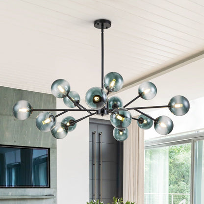 Kroonluchter Sputnik 15-Lichts Blauw Glas Goud Zwart 112cm Eetkamer Woonkamer Dimbaar