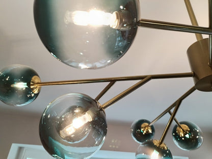 Kroonluchter Sputnik 15-Lichts Blauw Glas Goud Zwart 112cm Eetkamer Woonkamer Dimbaar
