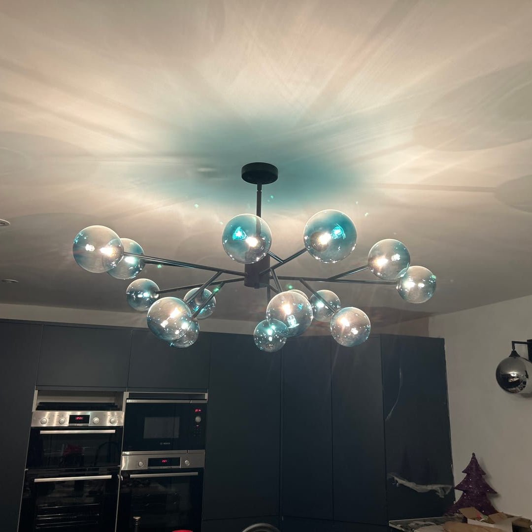 Kroonluchter Sputnik 15-Lichts Blauw Glas Goud Zwart 112cm Eetkamer Woonkamer Dimbaar