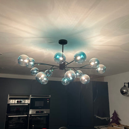 Kroonluchter Sputnik 15-Lichts Blauw Glas Goud Zwart 112cm Eetkamer Woonkamer Dimbaar