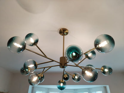 Kroonluchter Sputnik 15-Lichts Blauw Glas Goud Zwart 112cm Eetkamer Woonkamer Dimbaar