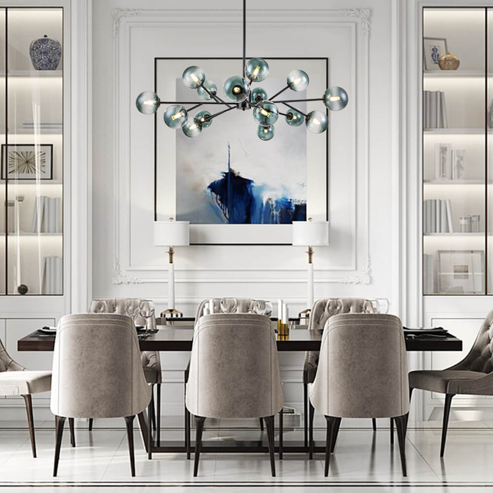Kroonluchter Sputnik 15-Lichts Blauw Glas Goud Zwart 112cm Eetkamer Woonkamer Dimbaar