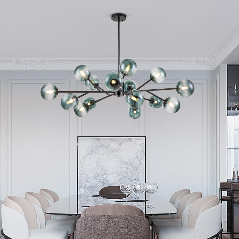 Kroonluchter Sputnik 15-Lichts Blauw Glas Goud Zwart 112cm Eetkamer Woonkamer Dimbaar