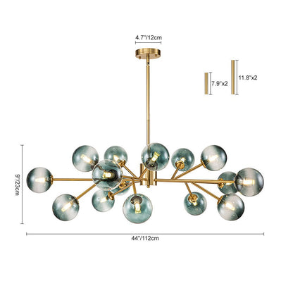 Kroonluchter Sputnik 15-Lichts Blauw Glas Goud Zwart 112cm Eetkamer Woonkamer Dimbaar