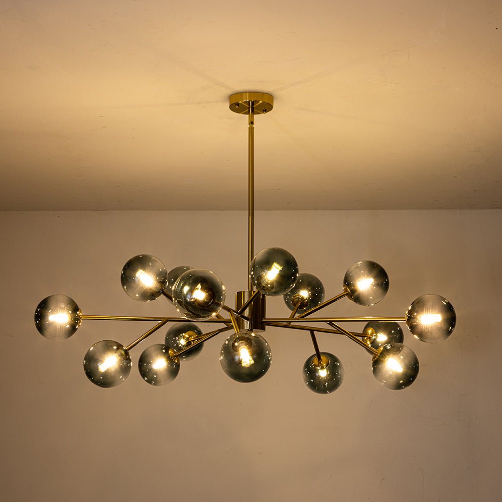 Kroonluchter Sputnik 15-Lichts Blauw Glas Goud Zwart 112cm Eetkamer Woonkamer Dimbaar