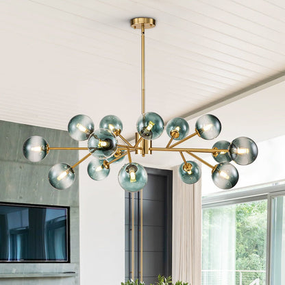 Kroonluchter Sputnik 15-Lichts Blauw Glas Goud Zwart 112cm Eetkamer Woonkamer Dimbaar