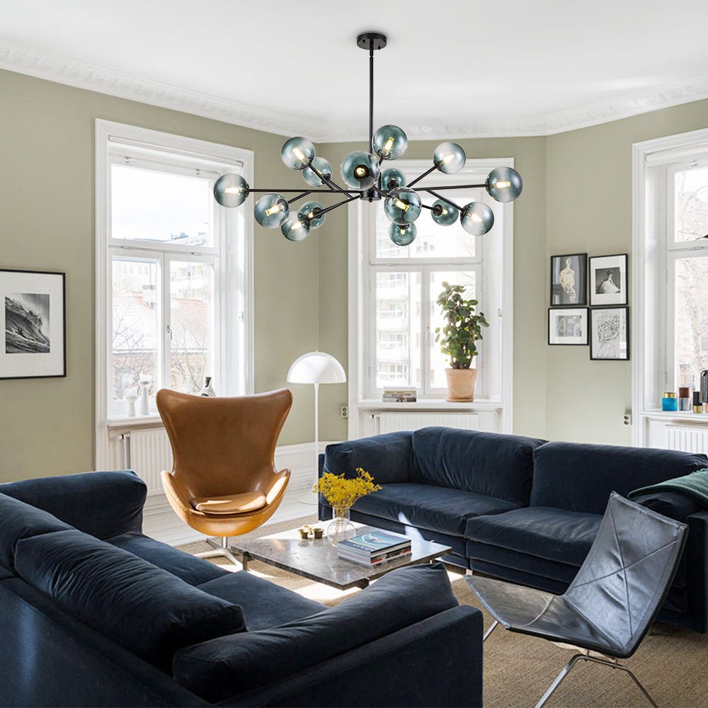 Kroonluchter Sputnik 15-Lichts Blauw Glas Goud Zwart 112cm Eetkamer Woonkamer Dimbaar