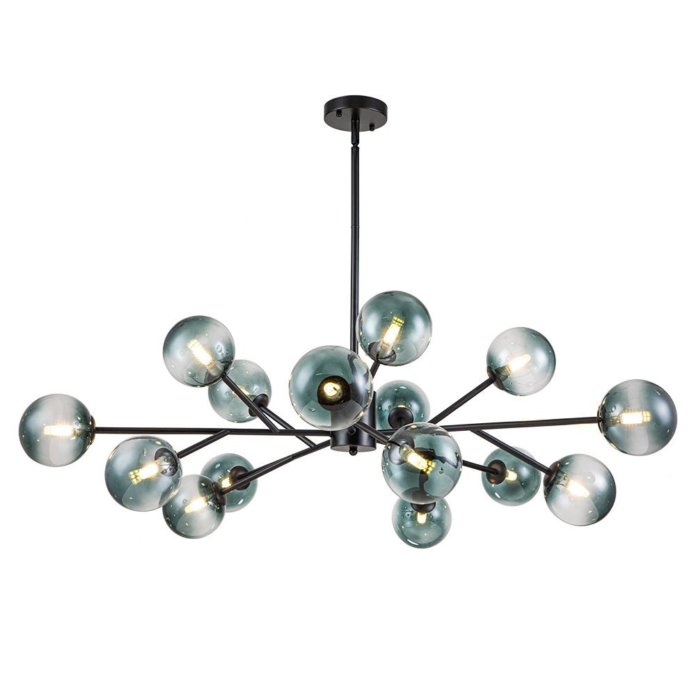 Kroonluchter Sputnik 15-Lichts Blauw Glas Goud Zwart 112cm Eetkamer Woonkamer Dimbaar