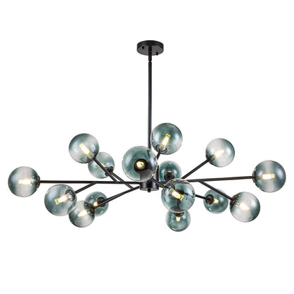 Kroonluchter Sputnik 15-Lichts Blauw Glas Goud Zwart 112cm Eetkamer Woonkamer Dimbaar