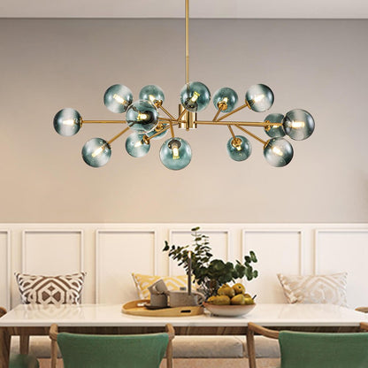 Kroonluchter Sputnik 15-Lichts Blauw Glas Goud Zwart 112cm Eetkamer Woonkamer Dimbaar