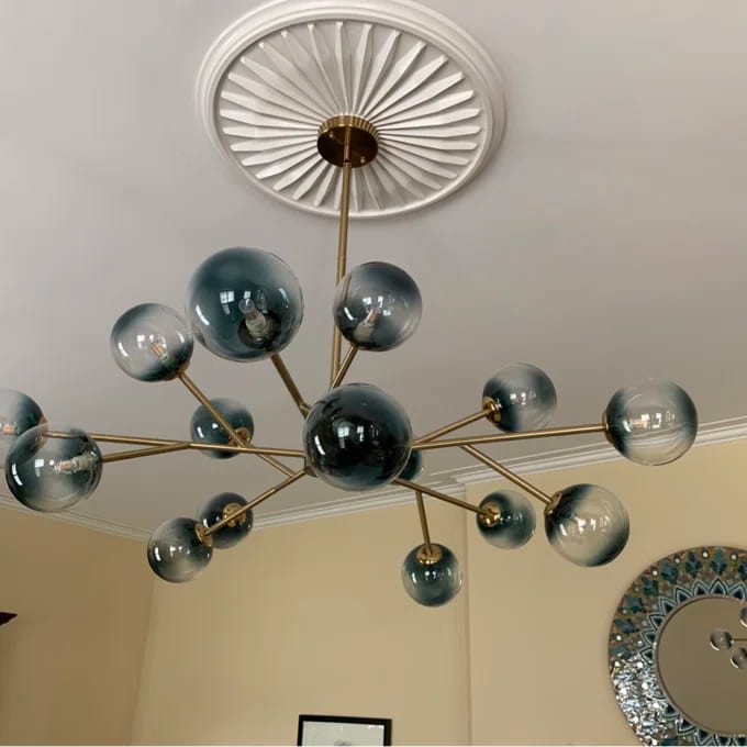 Kroonluchter Sputnik 15-Lichts Blauw Glas Goud Zwart 112cm Eetkamer Woonkamer Dimbaar