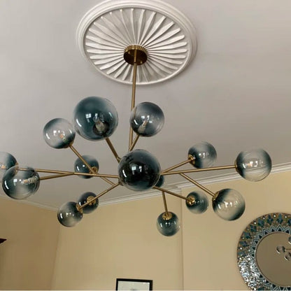 Kroonluchter Sputnik 15-Lichts Blauw Glas Goud Zwart 112cm Eetkamer Woonkamer Dimbaar