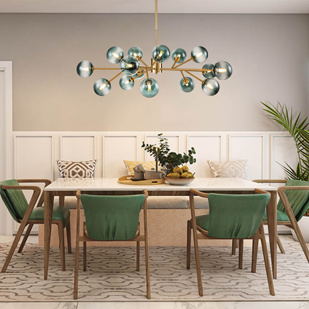 Kroonluchter Sputnik 15-Lichts Blauw Glas Goud Zwart 112cm Eetkamer Woonkamer Dimbaar