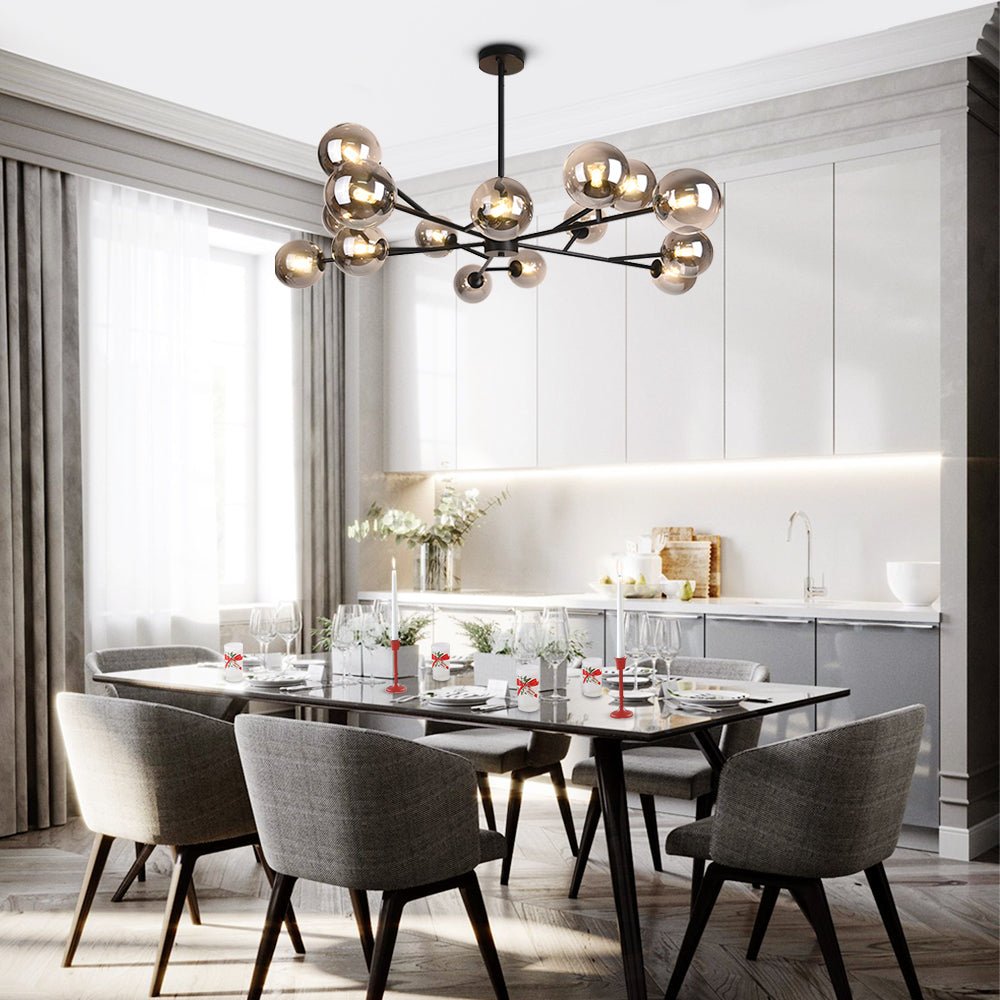Moderne lineaire sputnik kroonluchter met 15 glazen bollen in zwart of messing – design hanglamp 112 cm