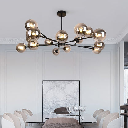 Moderne lineaire sputnik kroonluchter met 15 glazen bollen in zwart of messing – design hanglamp 112 cm