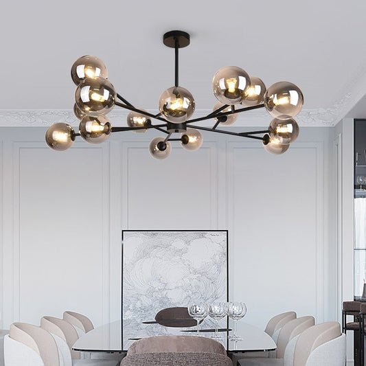 Moderne lineaire sputnik kroonluchter met 15 glazen bollen in zwart of messing – design hanglamp 112 cm