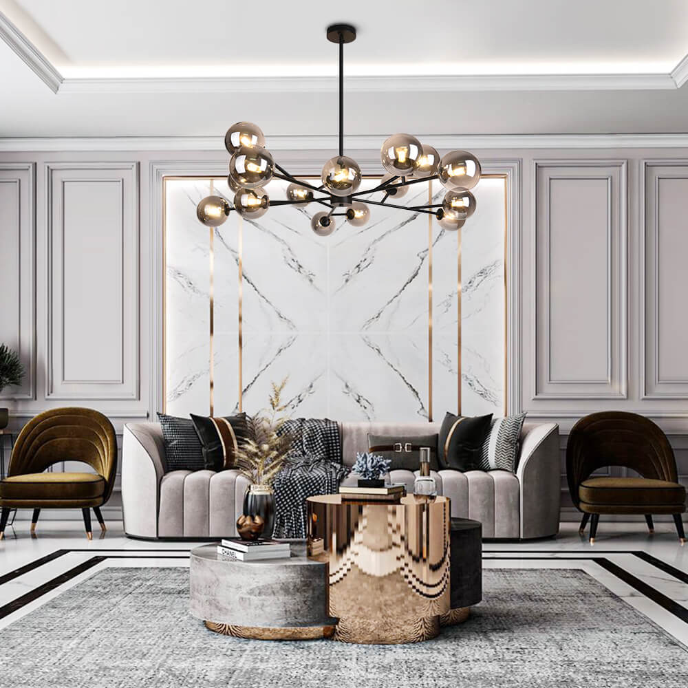 Moderne lineaire sputnik kroonluchter met 15 glazen bollen in zwart of messing – design hanglamp 112 cm