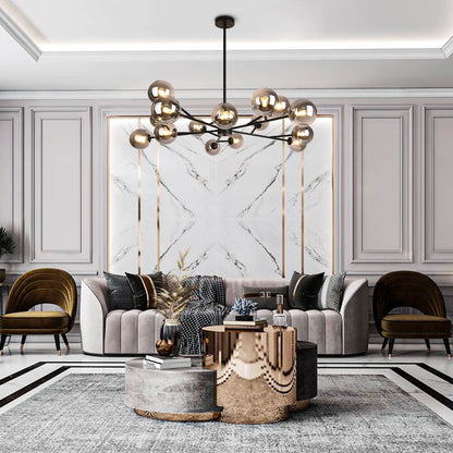 Moderne lineaire sputnik kroonluchter met 15 glazen bollen in zwart of messing – design hanglamp 112 cm