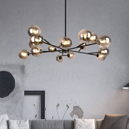 Moderne lineaire sputnik kroonluchter met 15 glazen bollen in zwart of messing – design hanglamp 112 cm