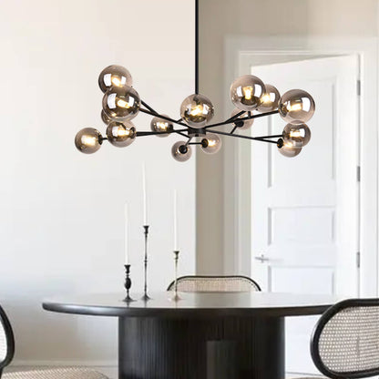 Moderne lineaire sputnik kroonluchter met 15 glazen bollen in zwart of messing – design hanglamp 112 cm