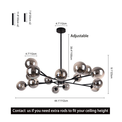 Moderne lineaire sputnik kroonluchter met 15 glazen bollen in zwart of messing – design hanglamp 112 cm
