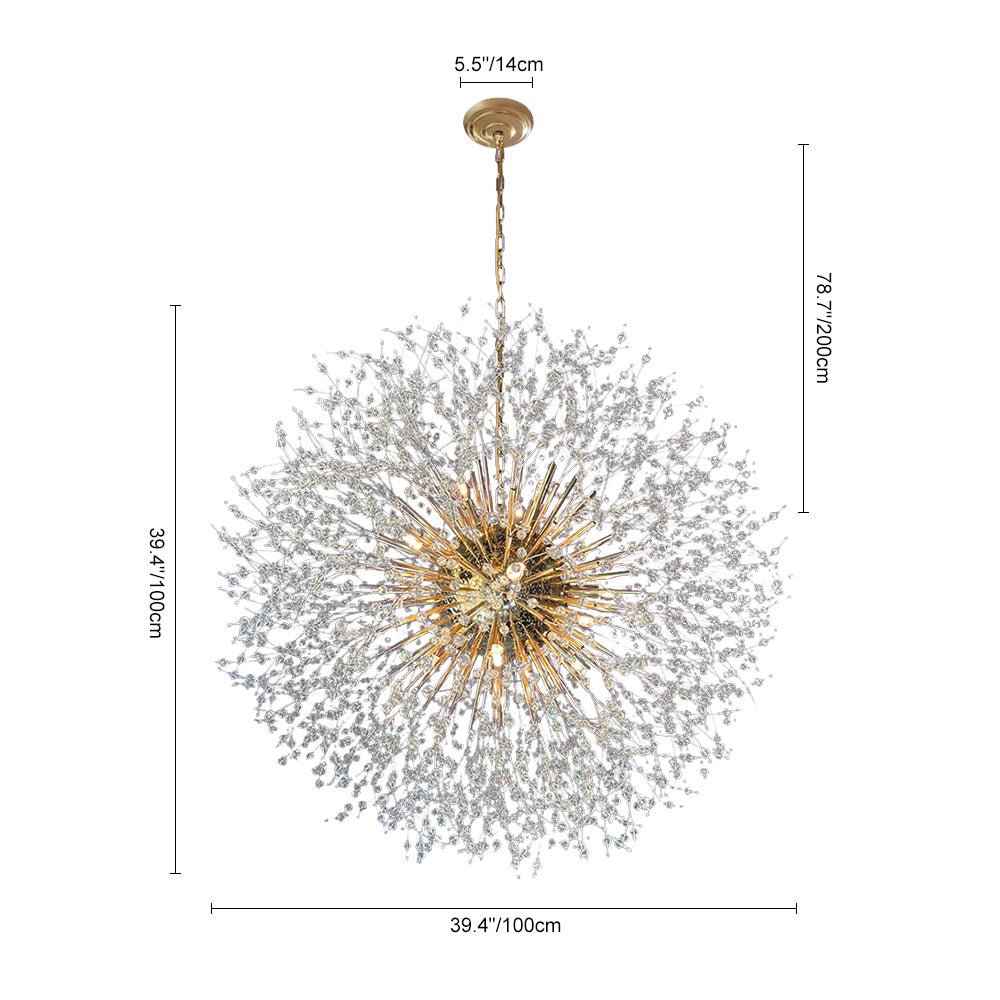 Grote sputnik kroonluchter met vuurwerk design en kristal effect in messing of chroom – luxe hanglamp 100 cm