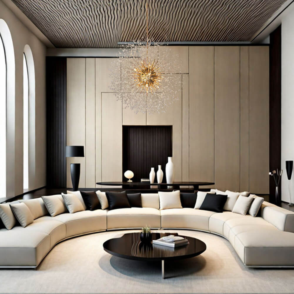 Grote sputnik kroonluchter met vuurwerk design en kristal effect in messing of chroom – luxe hanglamp 100 cm
