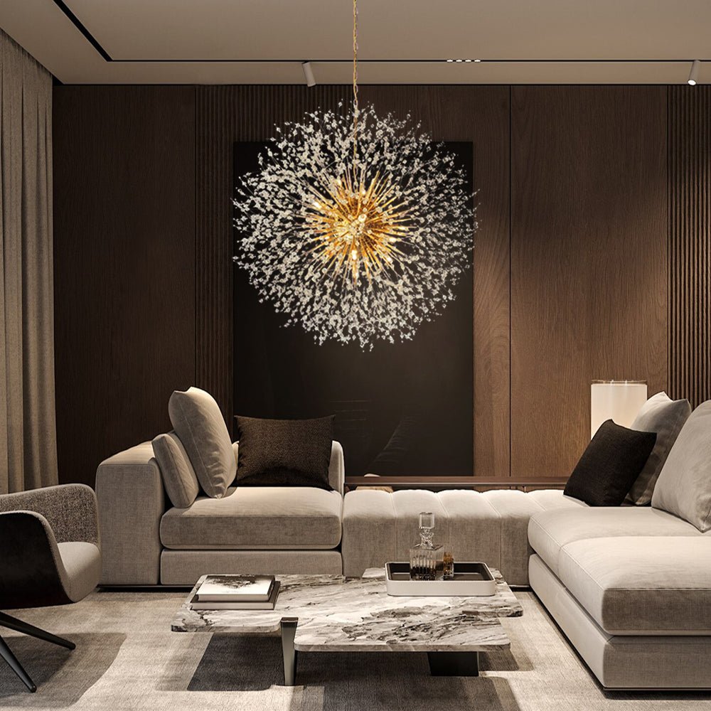 Grote sputnik kroonluchter met vuurwerk design en kristal effect in messing of chroom – luxe hanglamp 100 cm