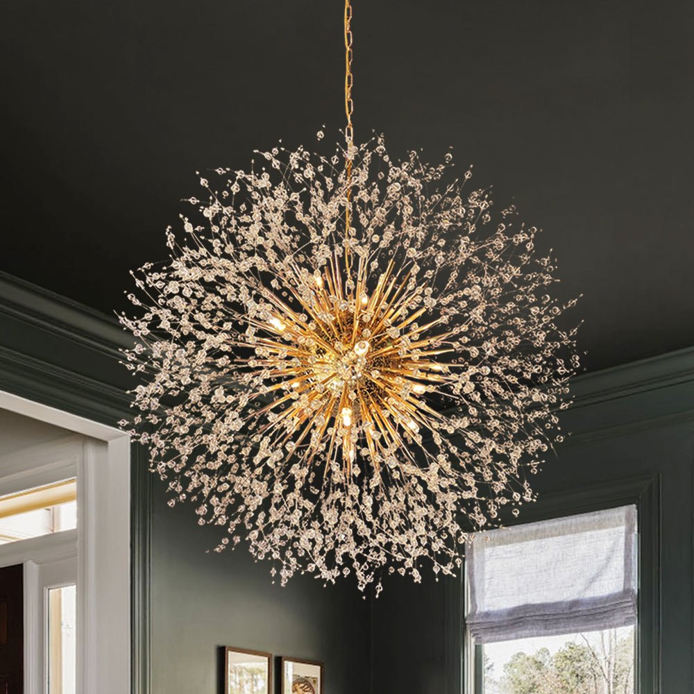 Grote sputnik kroonluchter met vuurwerk design en kristal effect in messing of chroom – luxe hanglamp 100 cm