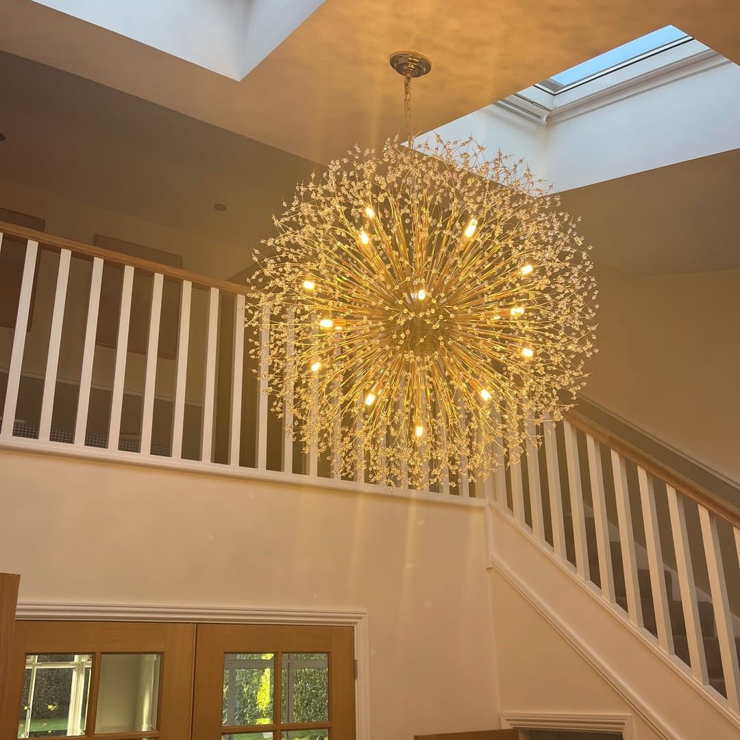 Grote sputnik kroonluchter met vuurwerk design en kristal effect in messing of chroom – luxe hanglamp 100 cm